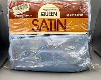 Vintage Performance by Springs Satin Queen Sheet Set NOS Blue No Iron 4 Pc