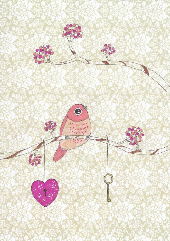 Bird Drawing Pink Heart And Key Green Vintage Background Art Etsy