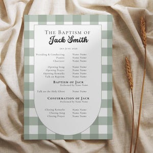 May include: A rectangular baptism program card featuring a sage green and white gingham border. The center white area contains black text reading The Baptism of Jack Smith, 3rd June 2026, and a detailed order of service list with placeholders.