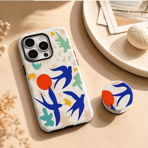 Abstraktes Matisse-Schwalbenmotiv für iPhone, bunte Boho-Vogel-MagSafe-Hülle, personalisierbar für iPhone 11–18 Pro Max, Samsung S20–S26 und weitere Modelle