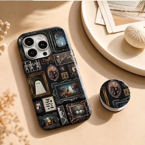 May include: A black smartphone case and a matching circular phone grip featuring a collage of ornate, vintage-style frames containing various Halloween-themed illustrations, including ghosts, skeletons, jack-o'-lanterns, bats, and black cats.