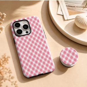 Pink Gingham Tough Phone Case, Soft Pastel Pink White Checkered Cover,Customizable For iPhone 11-18 Pro Max,Samsung S20-S26 And Other Models