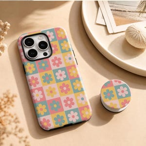 Funda para teléfono MagSafe con estampado vintage de margaritas y tablero de ajedrez en tonos pastel de los años 70, funda creativa estilo boho, para iPhone 11-18 Pro Max, Samsung S20-S26 y modelos personalizables.