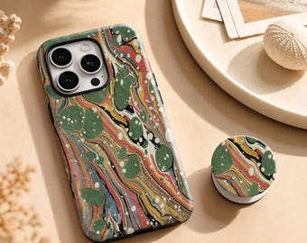 Vintage Ebru Marbled Paint Phone Case,Colourful Swirl Liquid Art Cover,iPhone 11-18 Pro Max,Samsung S20-S26 And Other Models