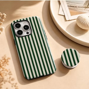 Forest Green Vertical Stripe iPhone Case, Green Striped MagSafe Cover,Customizable For iPhone 11-18 Pro Max,Samsung S20-S26 And Other Models