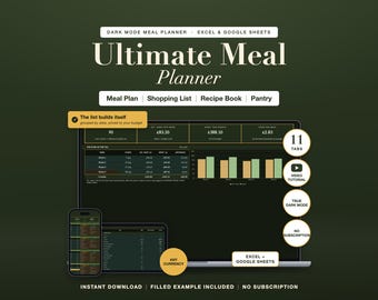 Dark Mode Meal Planner Spreadsheet Excel Google Sheets Weekly Grocery List Recipe Organizer Budget