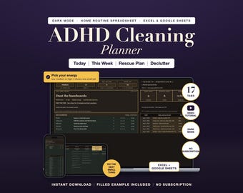 Dark Mode ADHD Cleaning Planner Spreadsheet: Home Routine Checklist, Chore Chart, Google Sheets