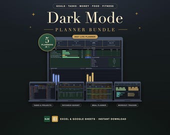 Dark Mode Planner Bundle: 2027 Goals, Task Tracker, Meal, Workout & Paycheck Budget Spreadsheets