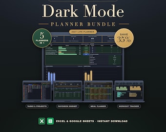 Dark Mode Planner Bundle: 2027 Goals, Task Tracker, Meal, Workout & Paycheck Budget Spreadsheets