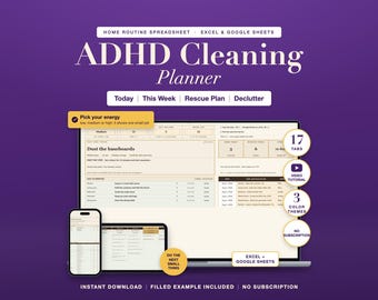 ADHD Cleaning Planner Spreadsheet: Home Routine Checklist, Chore Chart, Declutter Tracker, Excel Google Sheets