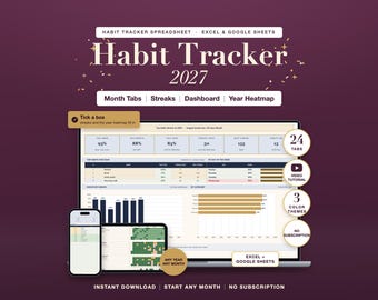 Habit Tracker 2027 Spreadsheet: Daily Weekly Monthly Goal Planner, Streaks Dashboard, Excel Google Sheets