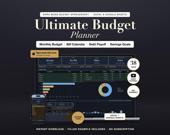 Budgetplanner in donkere modus: geautomatiseerde Excel Google Sheets, factuurtracker, schuldenafbetaling, besparingen