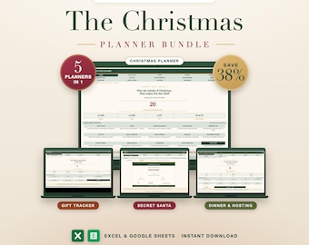 Christmas Planner Bundle Spreadsheet Excel Google Sheets Budget Gift Tracker Secret Santa Generator Dinner