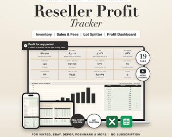Reseller Profit Tracker Spreadsheet: Inventory, Sales, Fees for Vinted eBay Depop, Excel Google Sheets