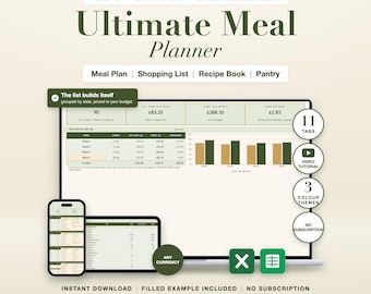 Meal Planner Spreadsheet Excel Google Sheets Weekly Plan Template Grocery List Recipe Organizer Pantry