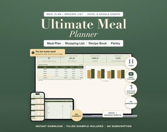 Meal Planner Spreadsheet Excel Google Sheets Weekly Plan Template Grocery List Recipe Organizer Pantry
