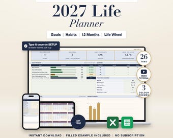 2027 Planner Spreadsheet Excel Google Sheets Life Goal Tracker Habit Monthly Weekly New Year