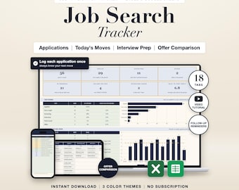 Job Search Tracker Spreadsheet: Application Log, Interview Prep, Offer Comparison, Excel Google Sheets
