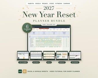 2027 New Year Planner Bundle: Habit Tracker, Goals, Budget, Meal, Workout, Job Search Spreadsheets