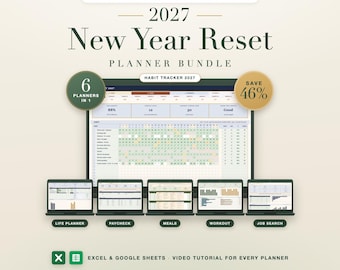 2027 New Year Planner Bundle: Habit Tracker, Goals, Budget, Meal, Workout, Job Search Spreadsheets