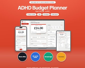ADHD Budget Planner App, Paycheck Budget, Bill Tracker, Debt Payoff, Savings, UK and US