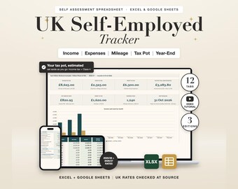 UK Self Employed Tracker Spreadsheet, Self Assessment, Sole Trader Tax, Income Expenses, Mileage, Excel