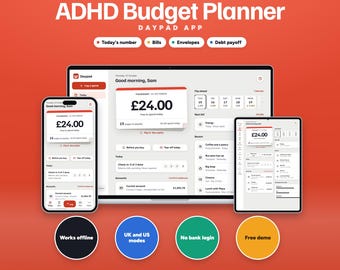 ADHD Budget Planner App, Paycheck Budget, Bill Tracker, Debt Payoff, Savings, UK and US