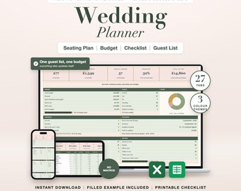 Wedding Planner Spreadsheet: Budget, Guest List, Seating Plan, Checklist, Timeline, Excel & Google Sheets