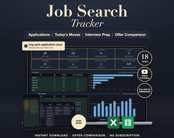 Dark Mode Job Search Tracker Spreadsheet: Application Log, Interview Prep, Excel Google Sheets