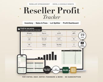 Reseller Profit Tracker Spreadsheet: Inventory, Sales, Fees for Vinted eBay Depop, Excel Google Sheets