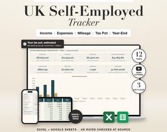 UK Self Employed Tracker Spreadsheet, Self Assessment, Sole Trader Tax, Income Expenses, Mileage, Excel