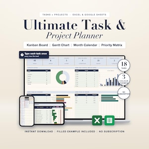 Może przedstawiać: Ultimate Task & Project Planner dla Excel i Google Sheets z tablicą Kanban, wykresem Gantta, kalendarzem miesięcznym i macierzą priorytetów. Pulpit nawigacyjny pokazuje status zadań, wykresy i metryki z 18 zakładkami.
