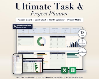 Task Tracker Project Planner Spreadsheet Excel Google Sheets Kanban Board Gantt Chart Management Template