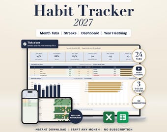 Habit Tracker 2027 Spreadsheet: Daily Weekly Monthly Goal Planner, Streaks Dashboard, Excel Google Sheets