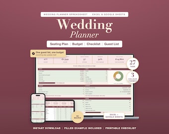 Wedding Planner Spreadsheet: Budget, Guest List, Seating Plan, Checklist, Timeline, Excel & Google Sheets