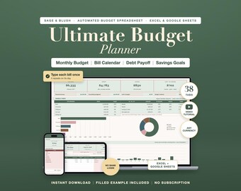 Sage Green Budgetplanner Spreadsheet: Geautomatiseerde Excel Google Sheets, factuurtracker, schulden aflossen, sparen