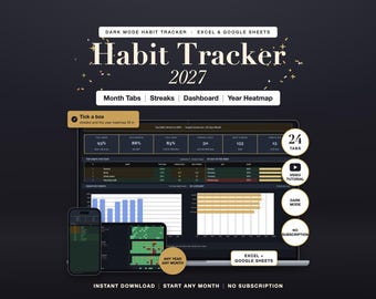 Dark Mode Habit Tracker 2027 Spreadsheet: Daily Weekly Monthly Goal Planner, Excel Google Sheets