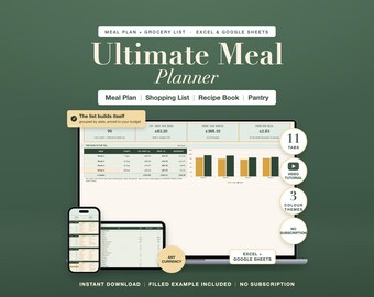 Meal Planner Spreadsheet Excel Google Sheets Weekly Plan Template Grocery List Recipe Organizer Pantry