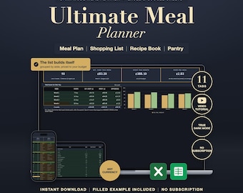 Dark Mode Meal Planner Spreadsheet Excel Google Sheets Weekly Grocery List Recipe Organizer Budget