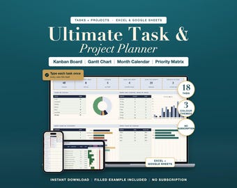 Task Tracker Project Planner Spreadsheet Excel Google Sheets Kanban Board Gantt Chart Management Template