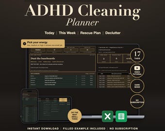 Dark Mode ADHD Cleaning Planner Spreadsheet: Home Routine Checklist, Chore Chart, Google Sheets