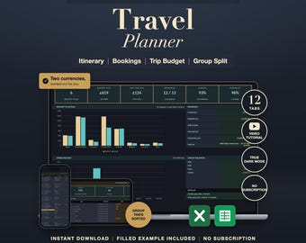 Dark Mode Travel Planner Spreadsheet Excel Google Sheets Trip Itinerary Vacation Budget Packing List