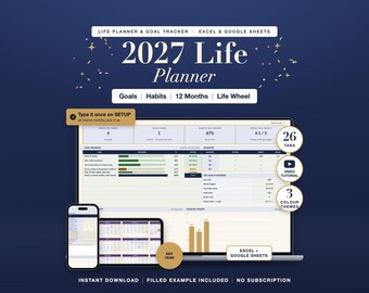 2027 Planner Spreadsheet Excel Google Sheets Life Goal Tracker Habit Monthly Weekly New Year