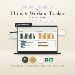 May include: A digital workout tracker and gym log for Excel and Google Sheets displayed on a laptop screen. The interface shows various data charts, progress bars, and workout metrics. Text includes The Ultimate Workout Tracker & GYM LOG.