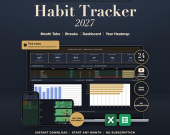Dark Mode Habit Tracker 2027 Spreadsheet: Daily Weekly Monthly Goal Planner, Excel Google Sheets
