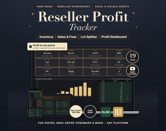 Dark Mode Reseller Profit Tracker Spreadsheet: Inventory, Sales, Fees Bookkeeping, Google Sheets