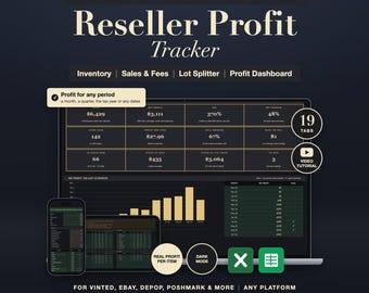 Dark Mode Reseller Profit Tracker Spreadsheet: Inventory, Sales, Fees Bookkeeping, Google Sheets