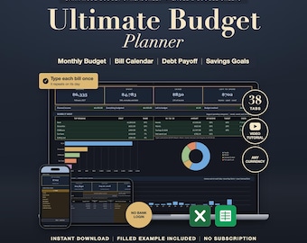 Dark Mode Budget Planner Spreadsheet: Automated Excel Google Sheets, Bill Tracker, Debt Payoff, Savings