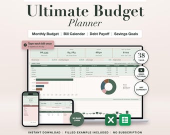Sage Green Budget Planner Spreadsheet: Automated Excel Google Sheets, Bill Tracker, Debt Payoff, Savings