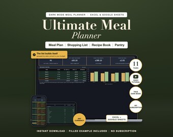 Dark Mode Meal Planner Spreadsheet Excel Google Sheets Weekly Grocery List Recipe Organizer Budget